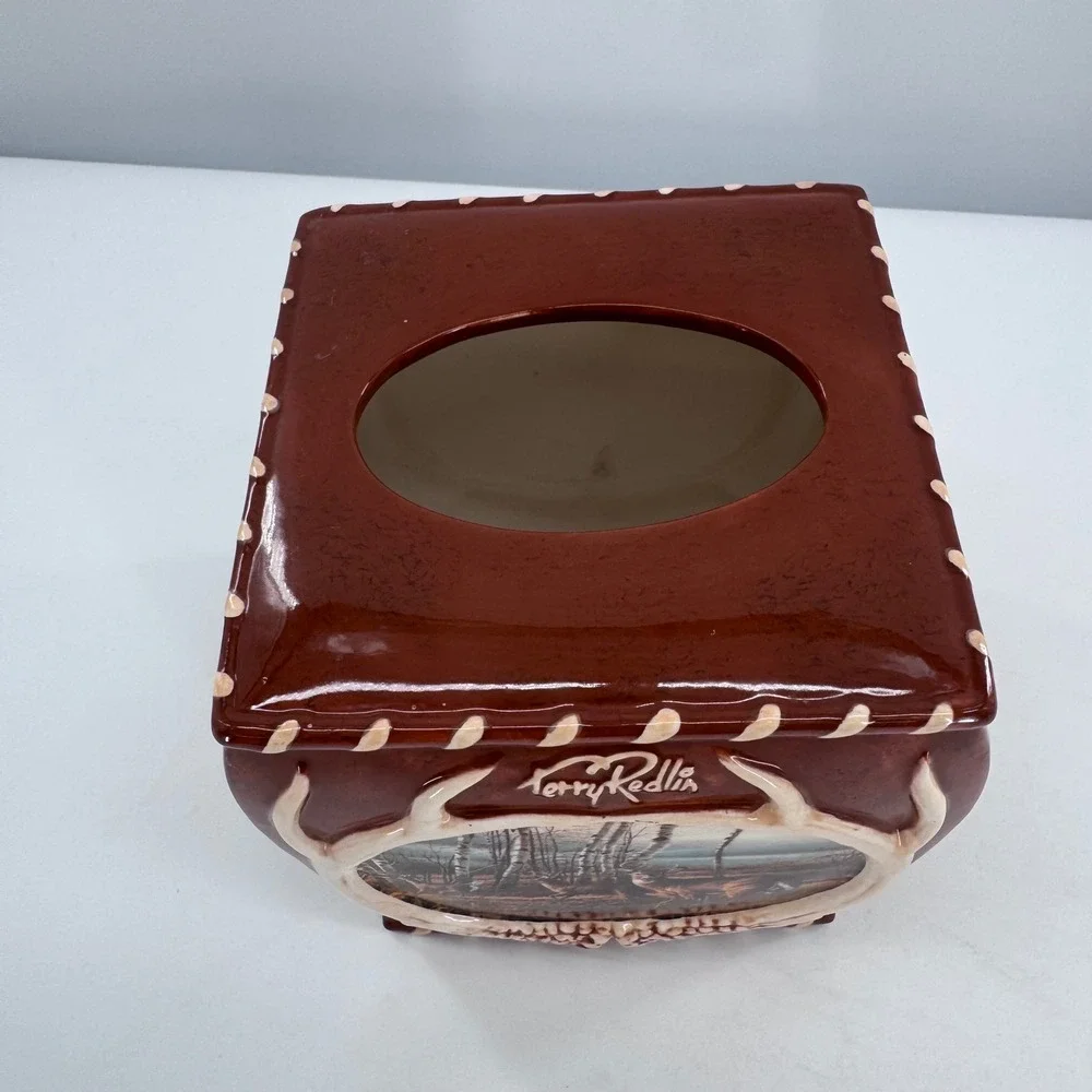 Terry Redlin Tissue‎ Box Cover Wildlife Deer Ceramic Rustic Lodge Cabin Brown